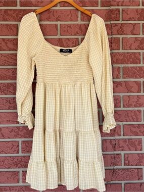 Blue B Yellow Gingham Smocked Long Sleeve Midi Dress